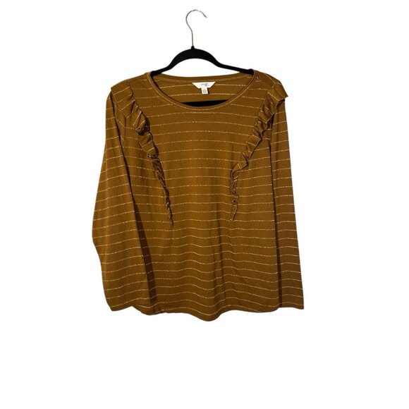 Terra & Sky Women's Plus 1X Brown Gold Striped Ruffle Blouse‎ Long Sleeve - Picture 1 of 4